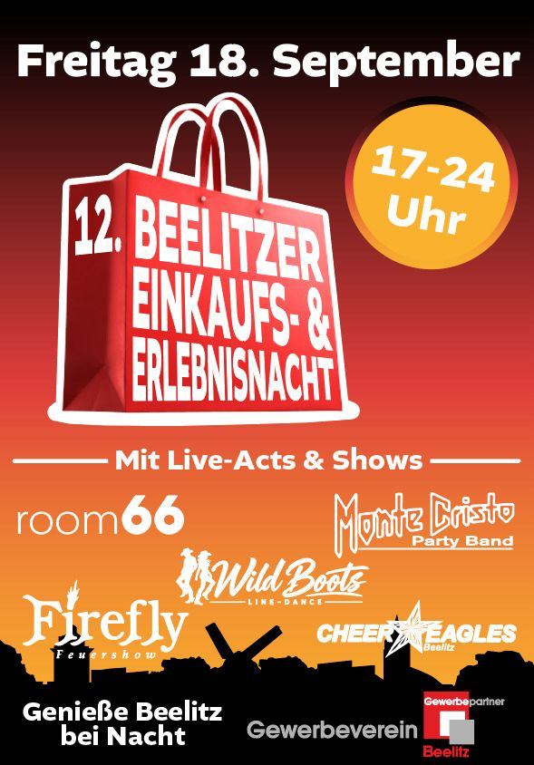 Plakat: 12. Beelitzer Einkaufs- und Erlebnisnacht, Freitag 18. September, 17-24 Uhr